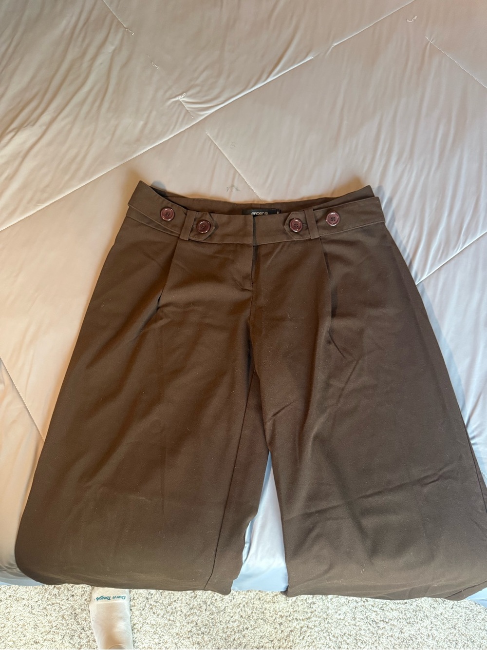 Arden B Dark Brown Wide-Leg Pants with Button Waist Belt Business Casual